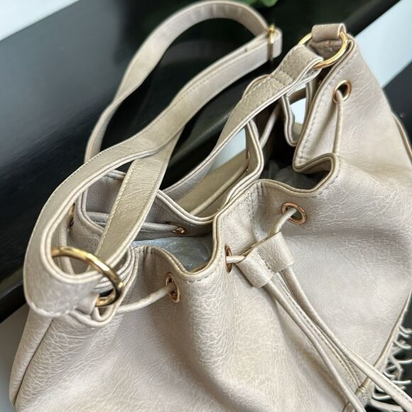 Neutral Vegan Leather Fringe Bucket Crossbody Shoulder Bag bucket, drawstring - Picture 9 of 10